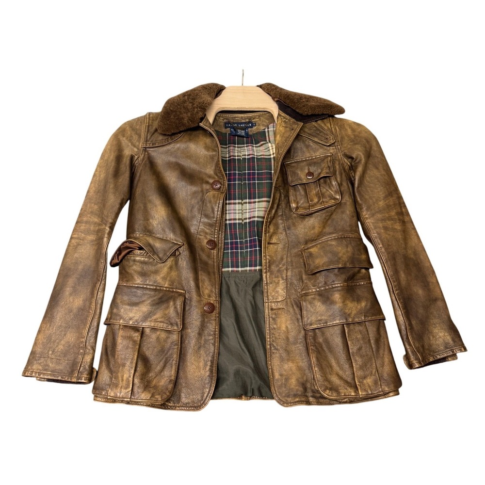 Ralph Lauren Brown Leather Field Jacket Shearling Collar Plaid Lining Women's S